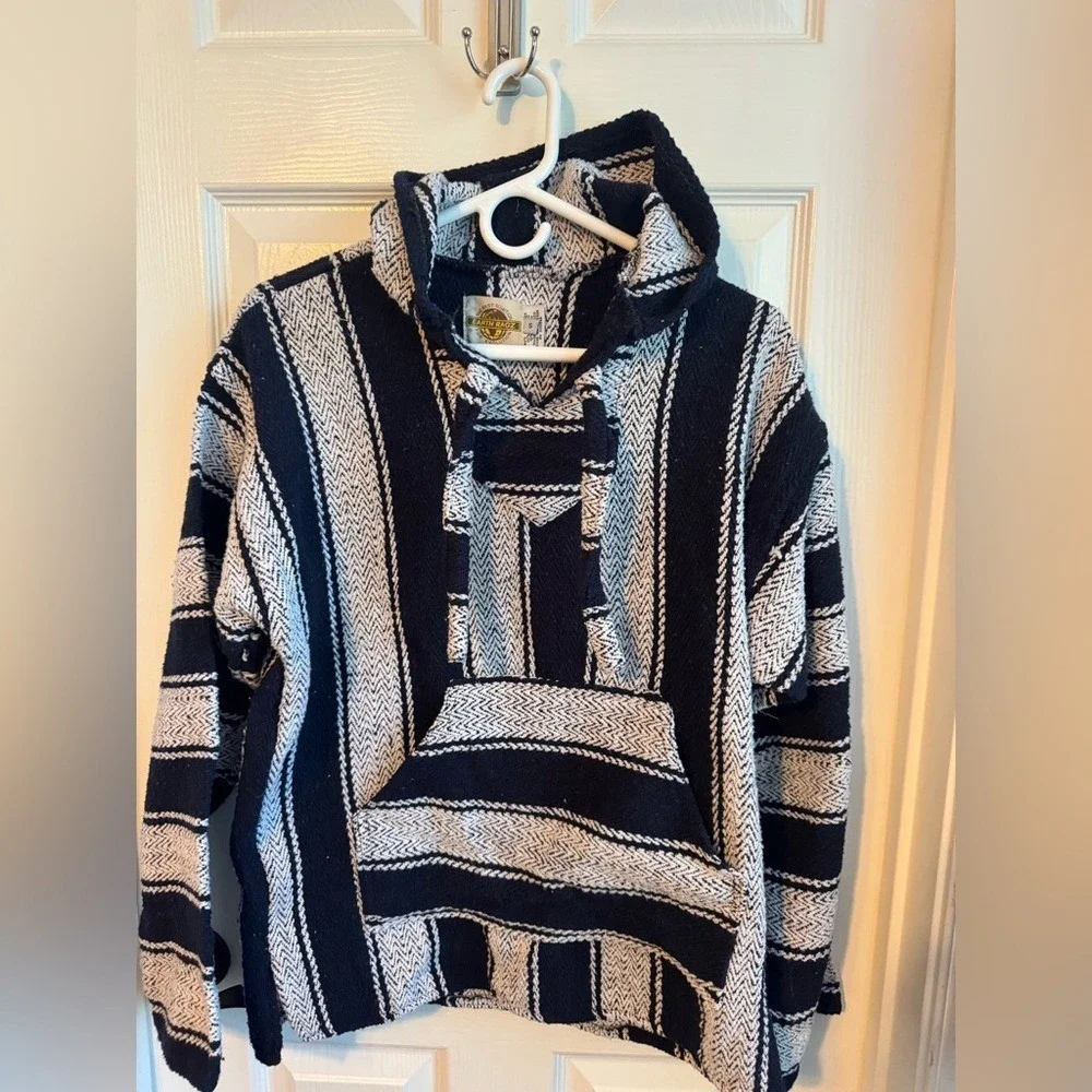 Vintage Style Earth Ragz Baja Hoodie Navy & White Striped Mexican Pullover Small